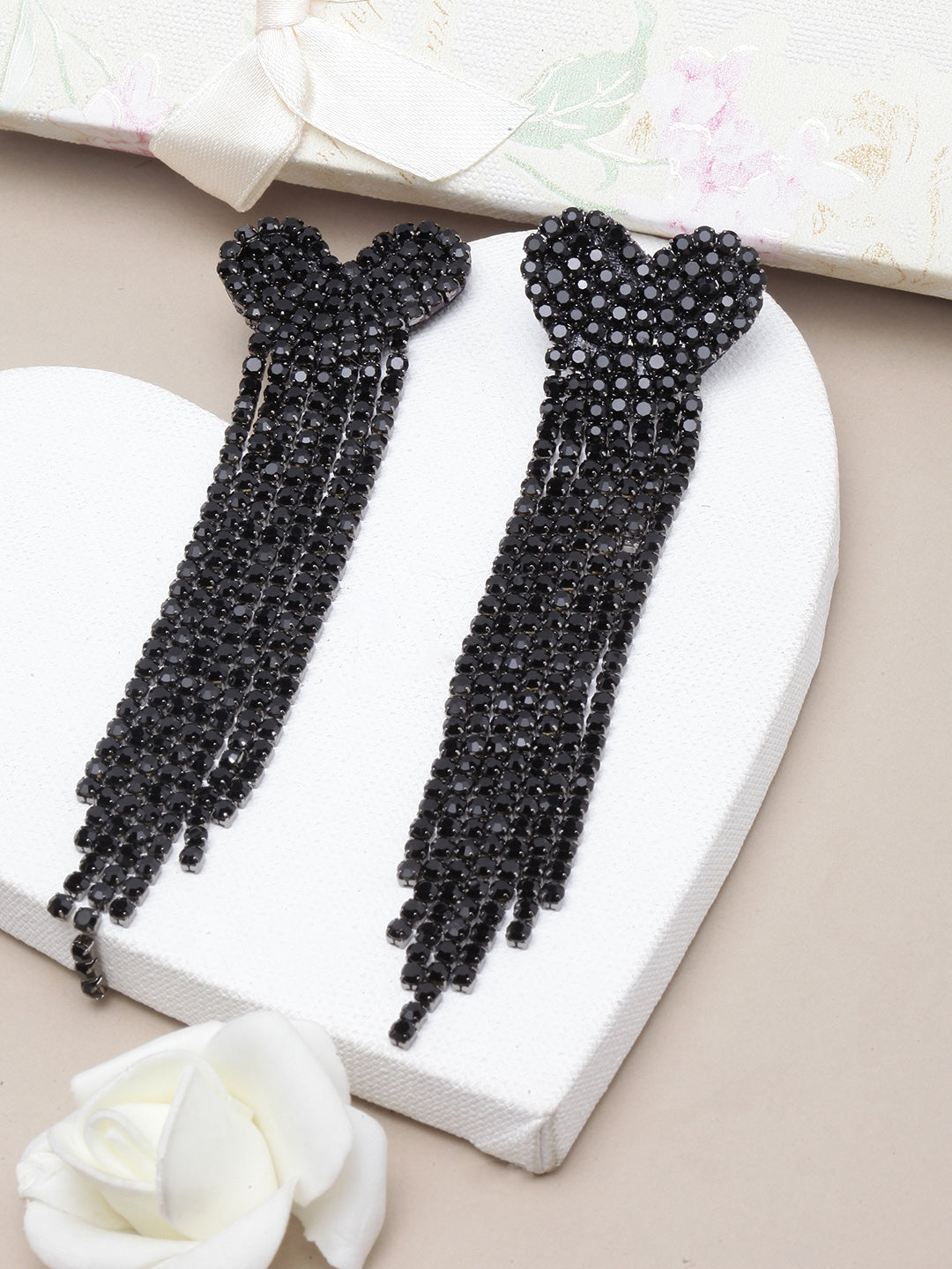 Black-Plated Rhinestone Studded Drop Earrings