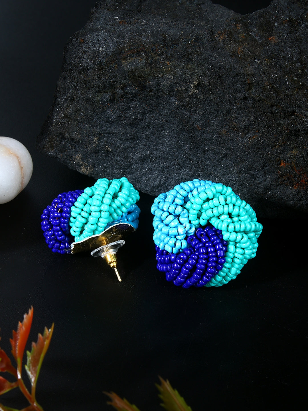 Gold-Plated Gold & Navy Blue Fabric Handcrafted Contemporary Drop Earrings