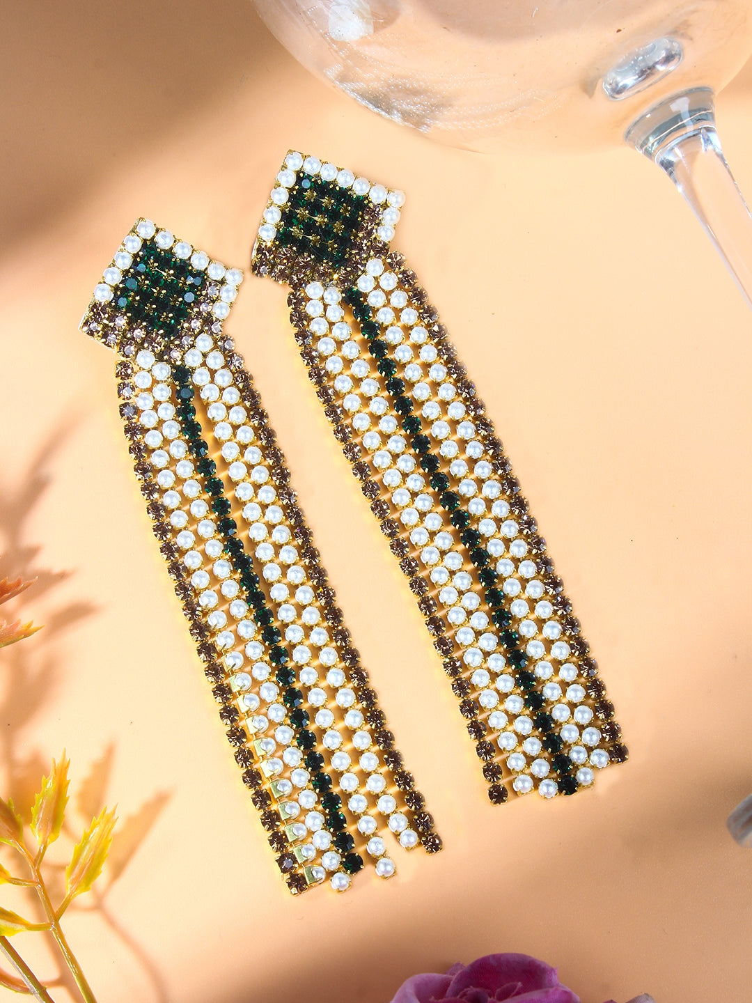 Gold-Plated Gold & Green Fabric Handcrafted Contemporary Drop Earrings