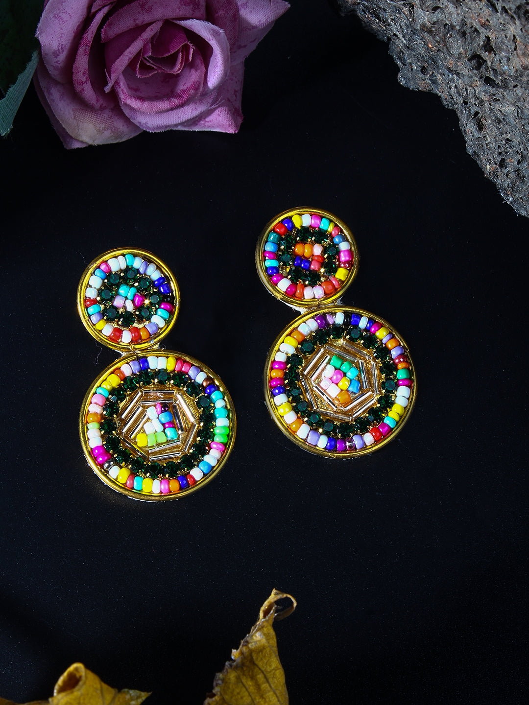 Gold-Plated Gold & Multi Fabric Handcrafted Contemporary Drop Earrings