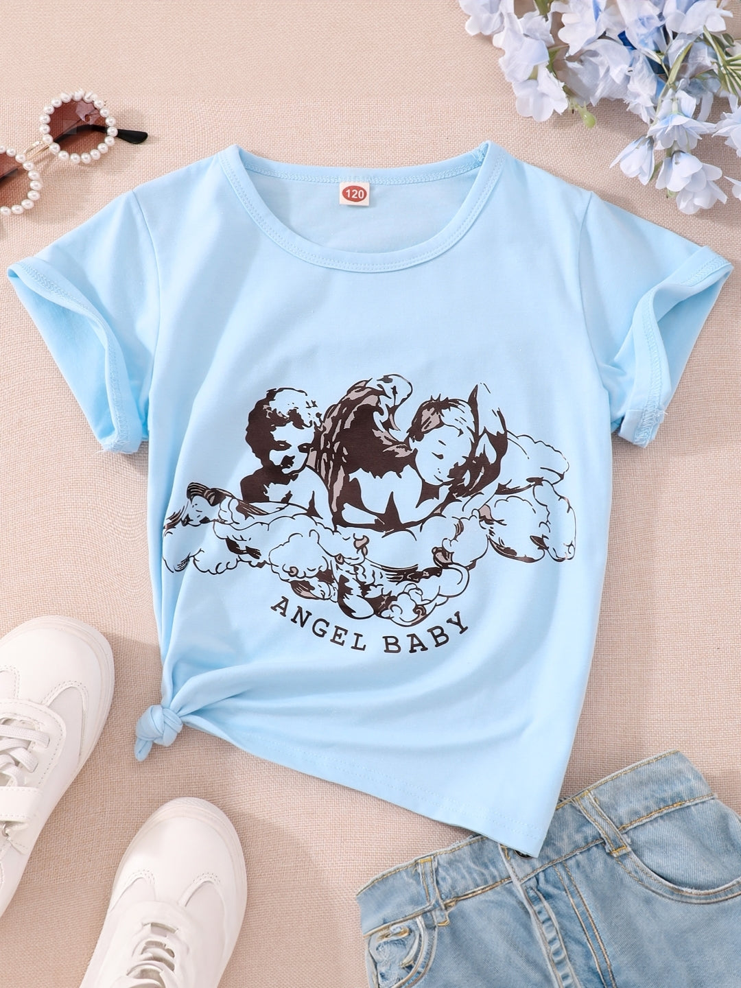 Round Neck Printed Short Sleeves Cotton T-Shirt