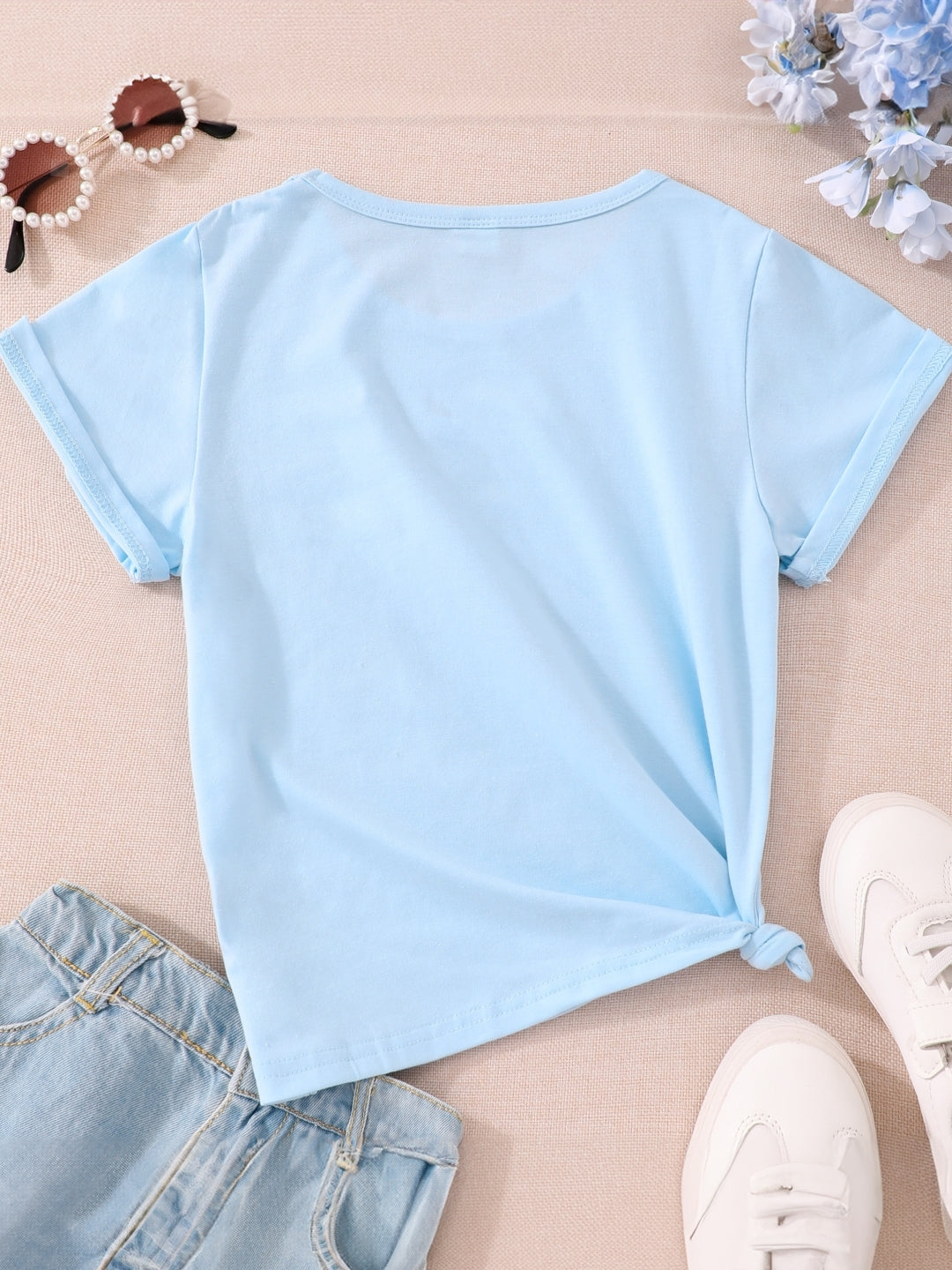 Round Neck Printed Short Sleeves Cotton T-Shirt