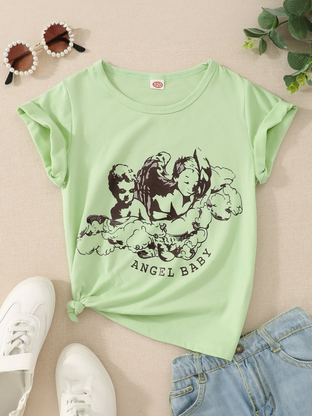 Round Neck Printed Short Sleeves Cotton T-Shirt