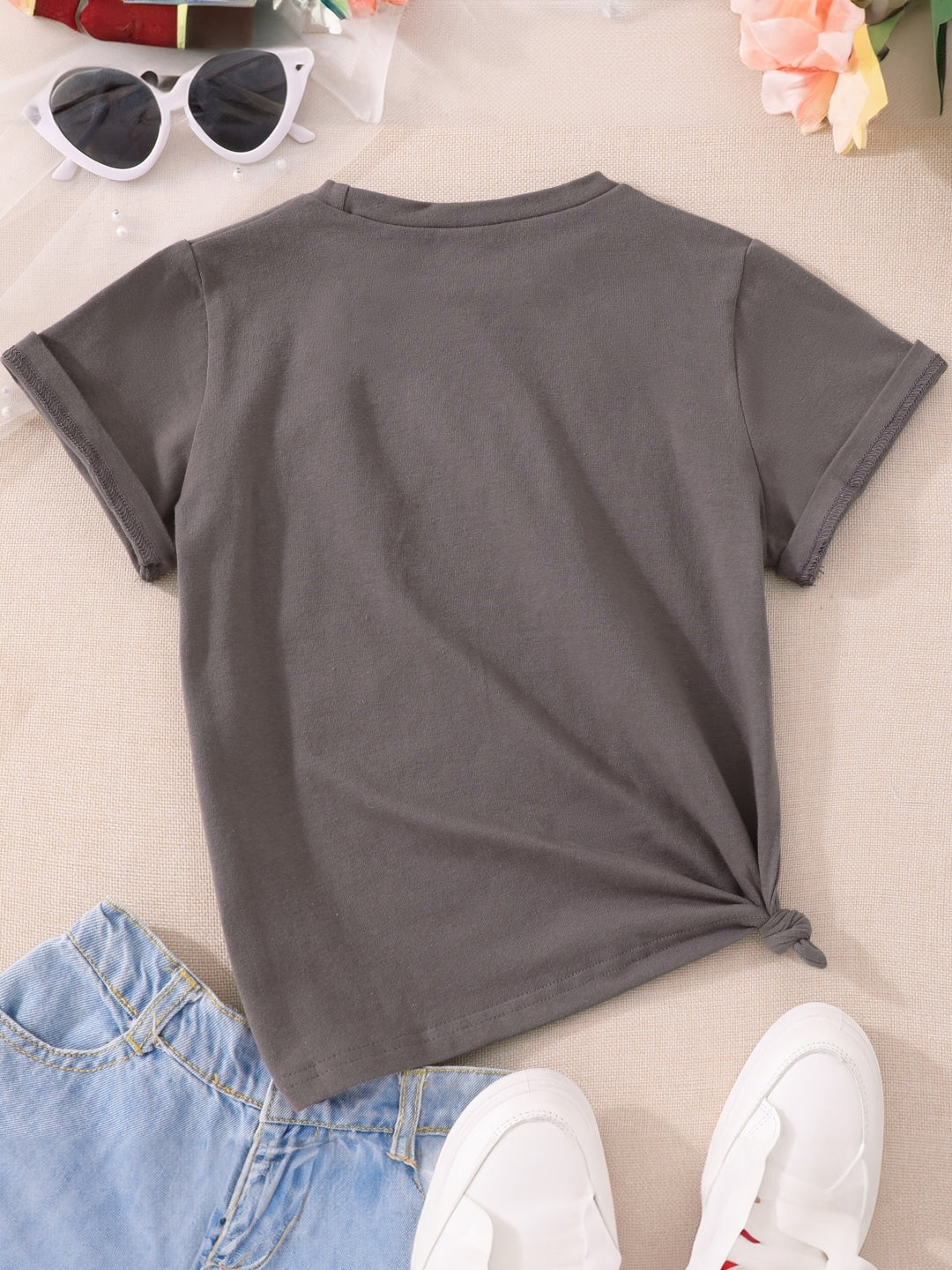 Round Neck Printed Short Sleeves Cotton T-Shirt