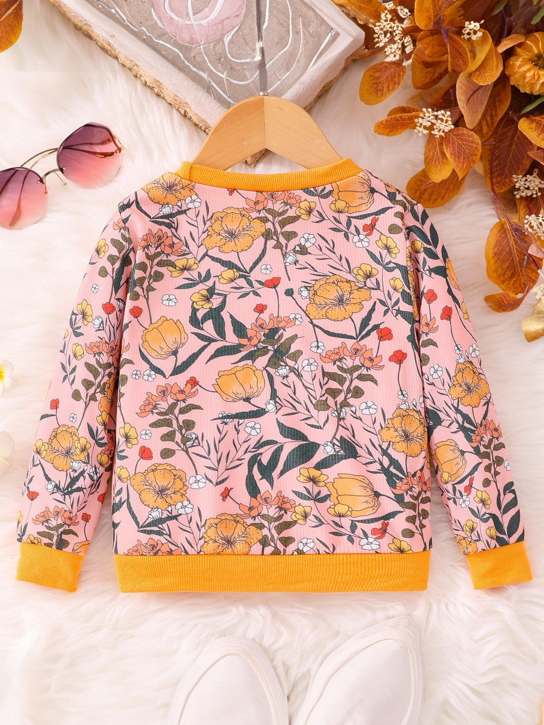 Pink Round Neck Printed Long Sleeve Polyester Sweatshirt