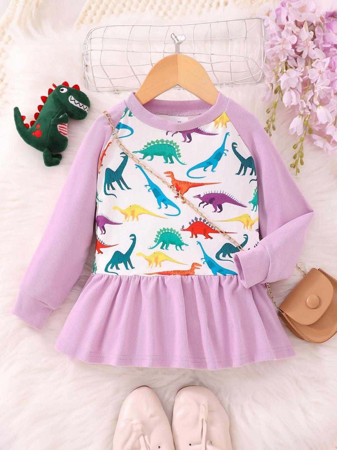 Purple Round Neck Printed Long Sleeves Above Knee Polyester Dress