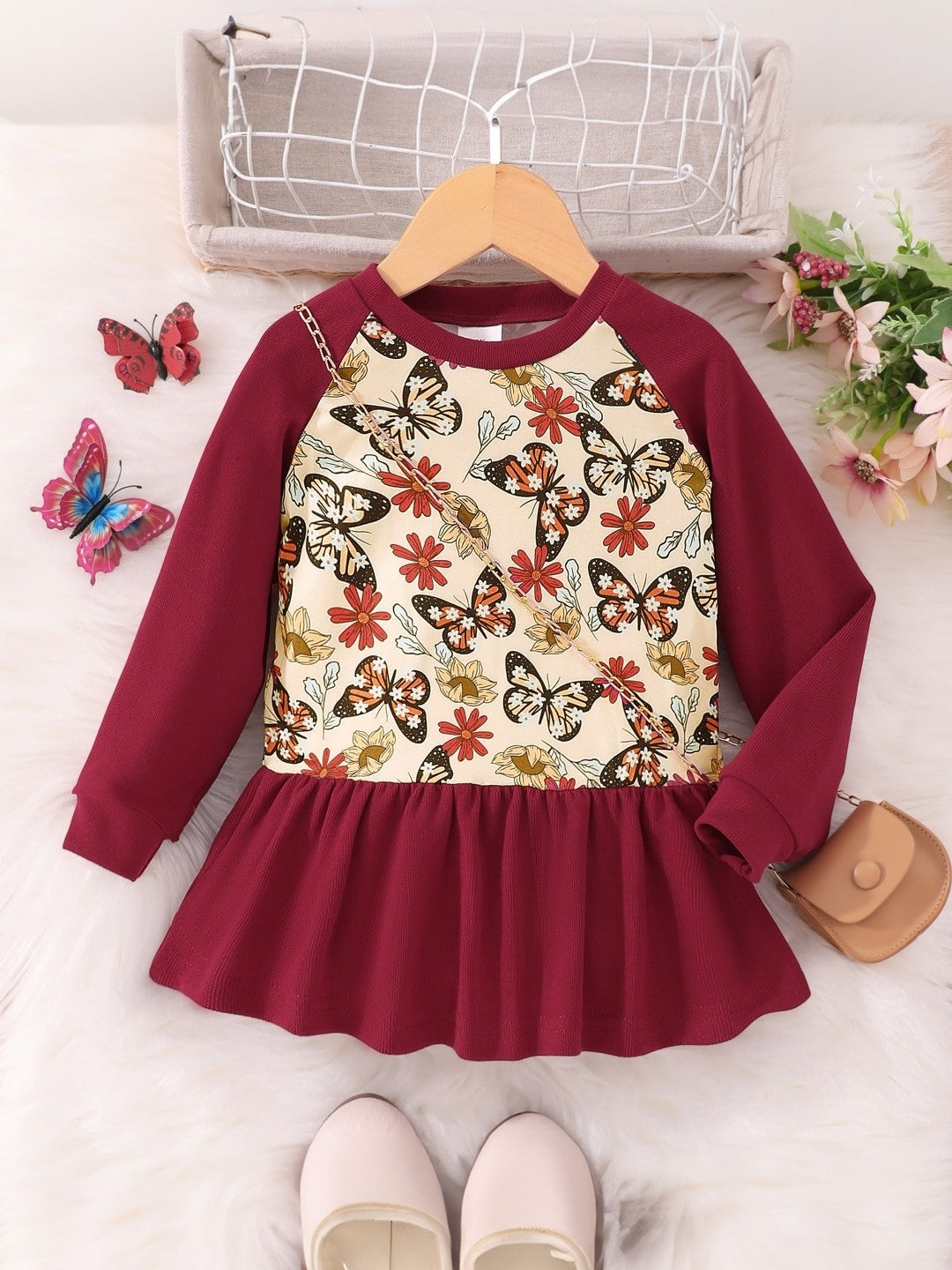 Red Round Neck Printed Long Sleeves Above Knee Polyester Dress