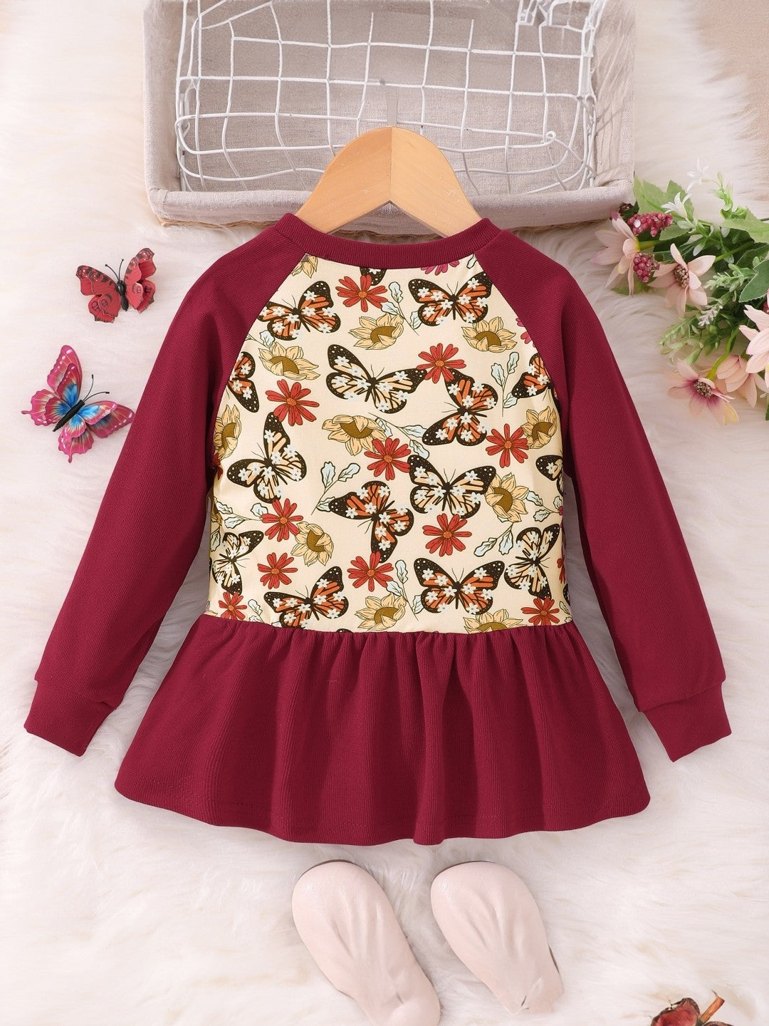 Red Round Neck Printed Long Sleeves Above Knee Polyester Dress