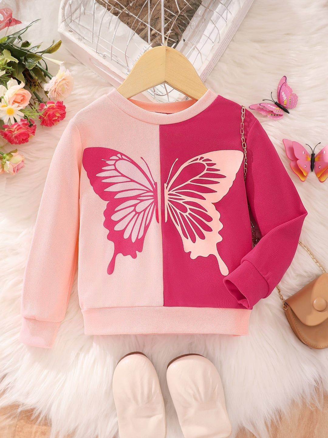 Pink Round Neck Printed Long Sleeve Polyester Sweatshirt