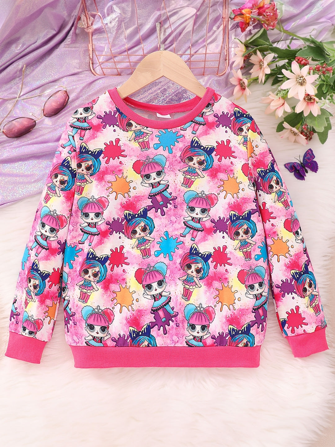 Pink Round Neck Printed Long Sleeve Polyester Sweatshirt