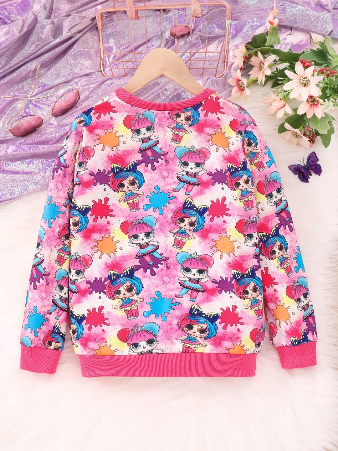 Pink Round Neck Printed Long Sleeve Polyester Sweatshirt