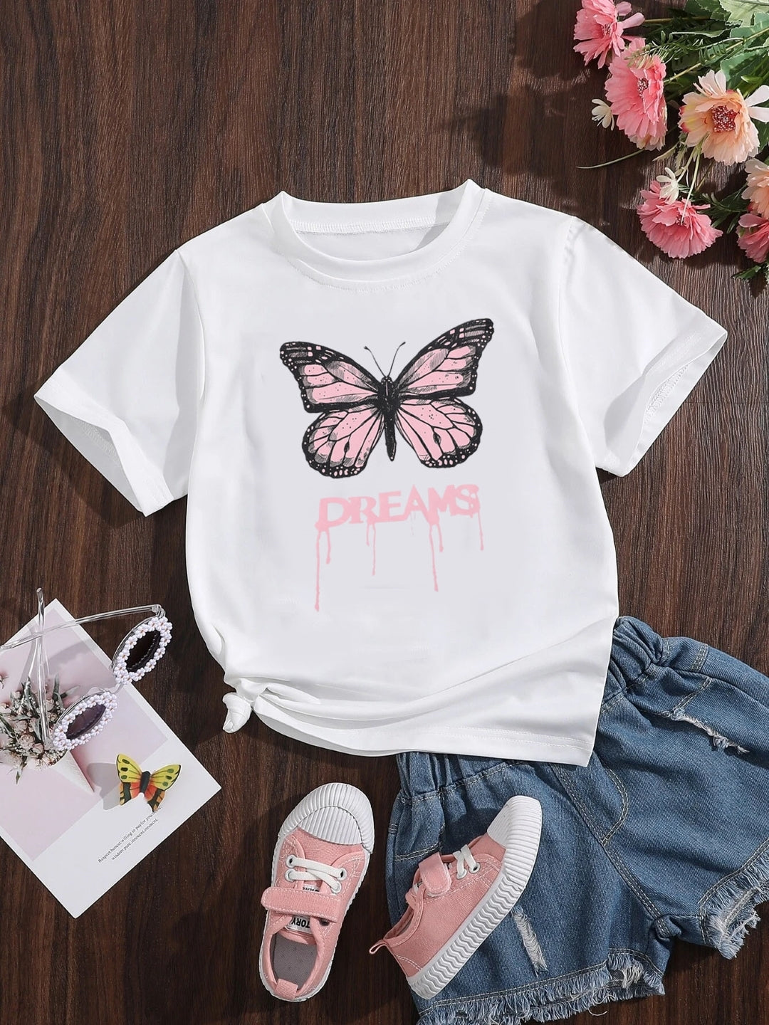 White Round Neck Graphics Printed Short Sleeves Polyester T-Shirt