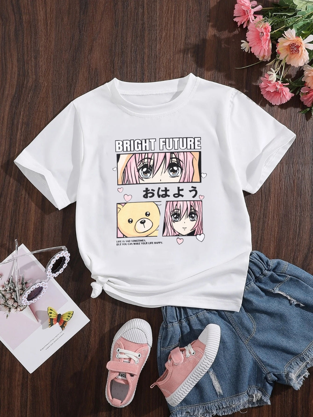 White Round Neck Graphics Printed Short Sleeves Polyester T-Shirt