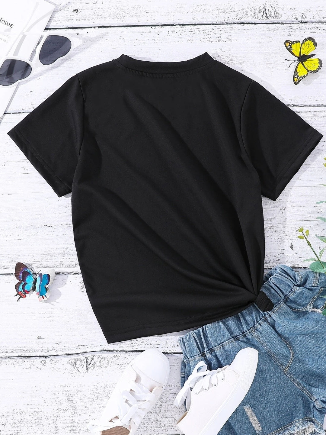 Black Round Neck Graphics Printed Short Sleeves Polyester T-Shirt