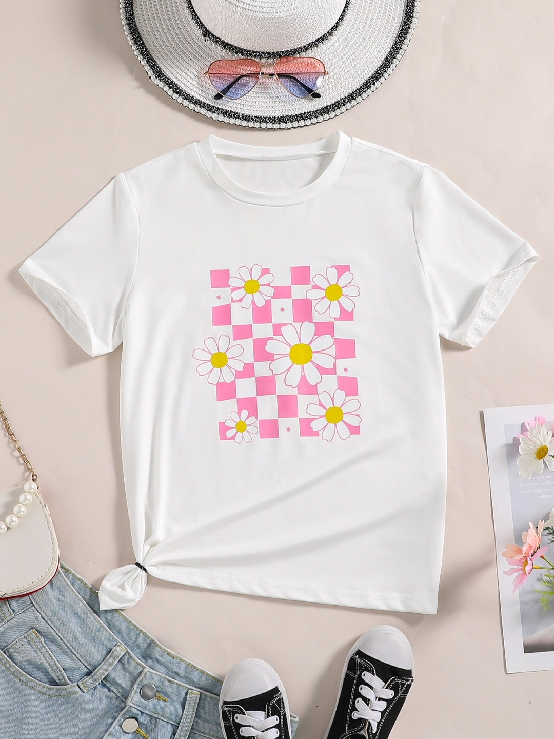 White Round Neck Graphics Printed Short Sleeves Polyester T-Shirt