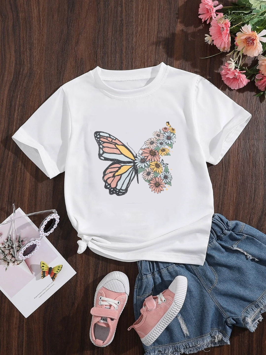 White Round Neck Graphics Printed Short Sleeves Polyester T-Shirt