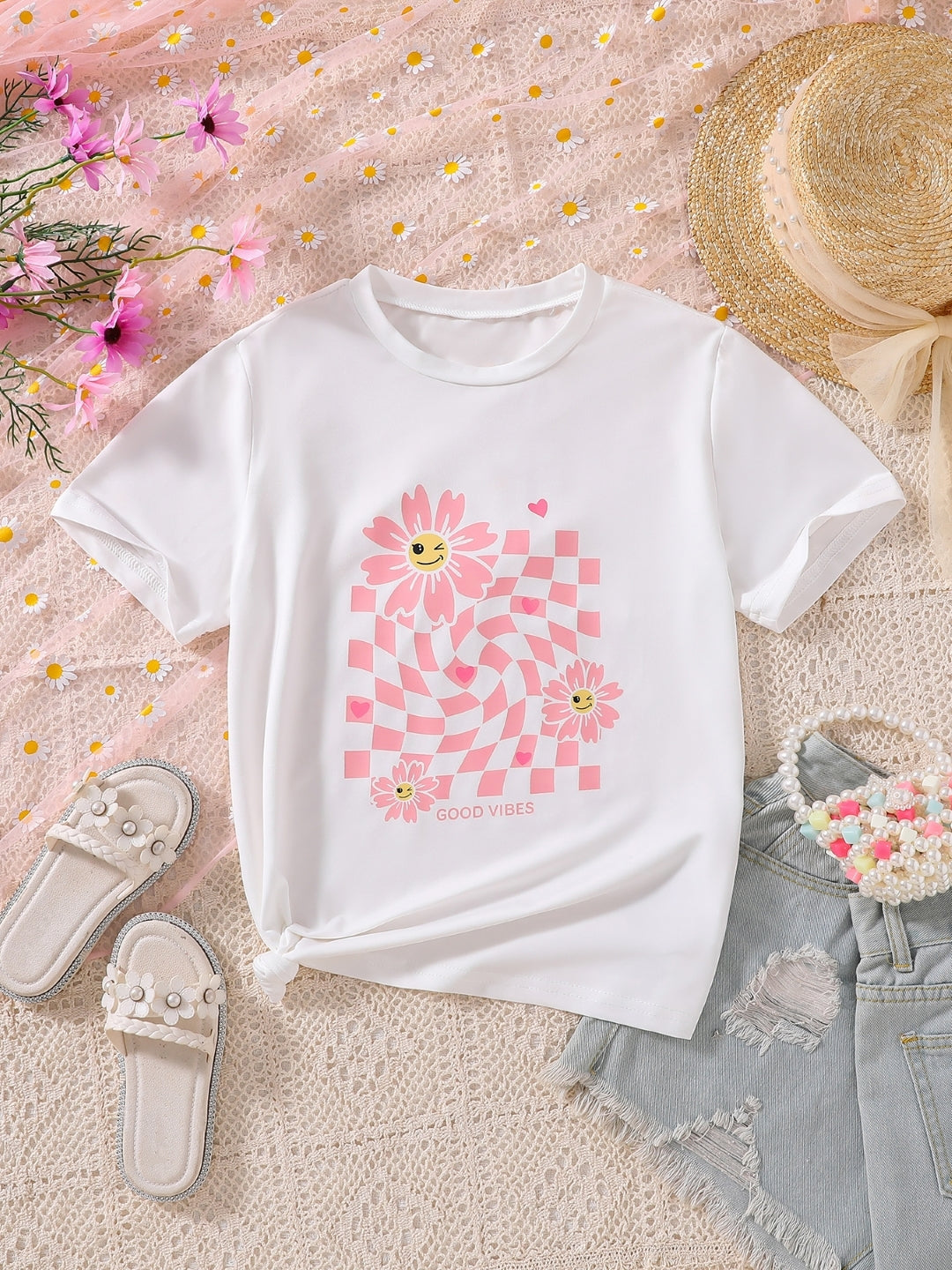 White Round Neck Graphics Printed Short Sleeves Polyester T-Shirt