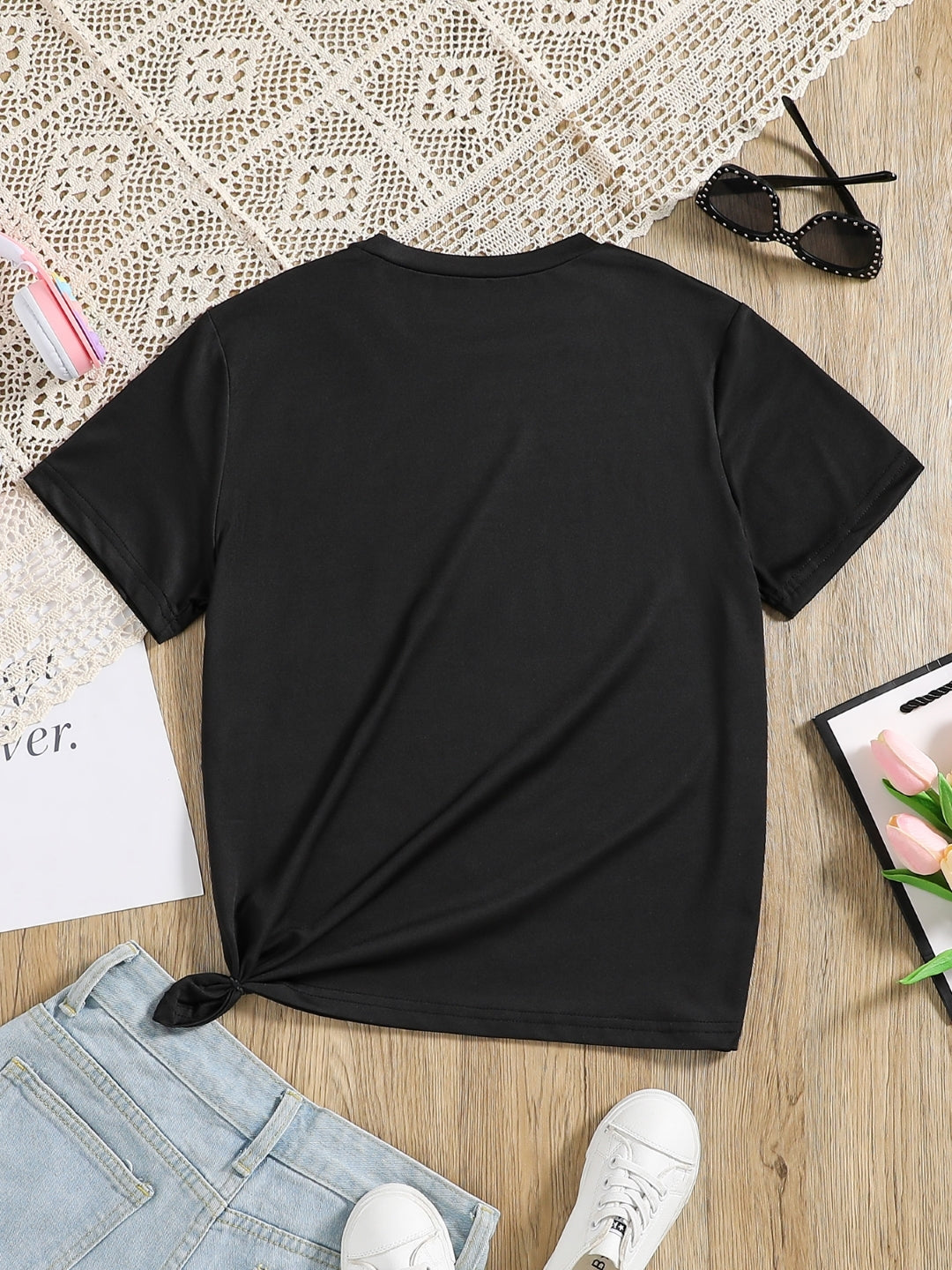 Black Round Neck Graphics Printed Short Sleeves Polyester T-Shirt