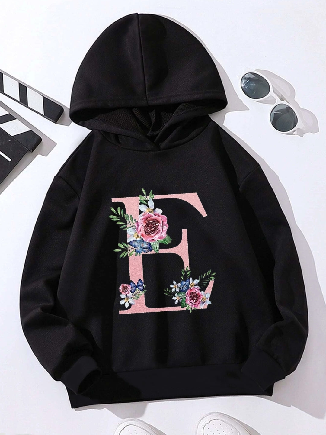 Black Graphics Printed Long Sleeves Polyester Hoodie