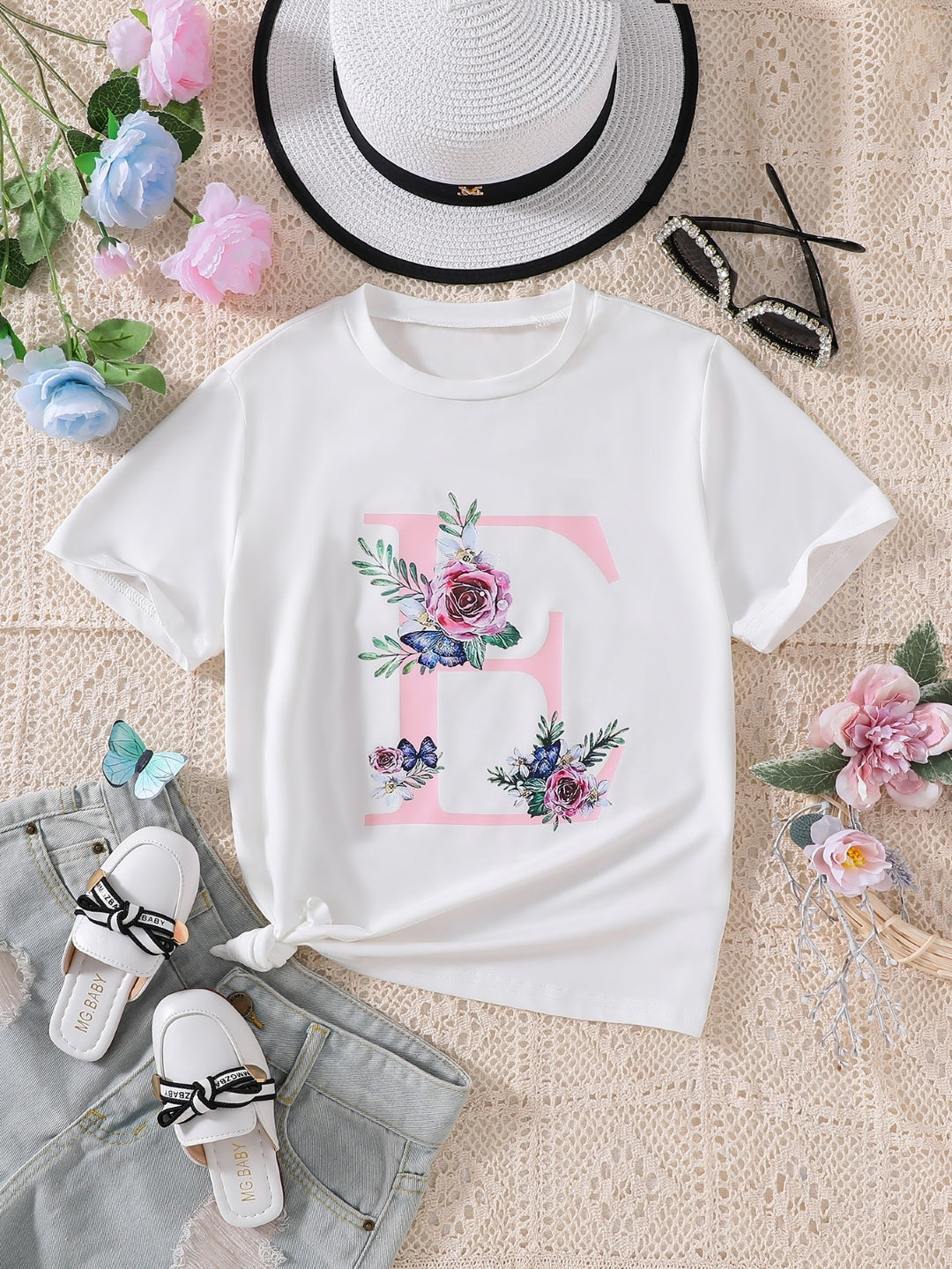 White Round Neck Graphics Printed Short Sleeves Polyester T-Shirt