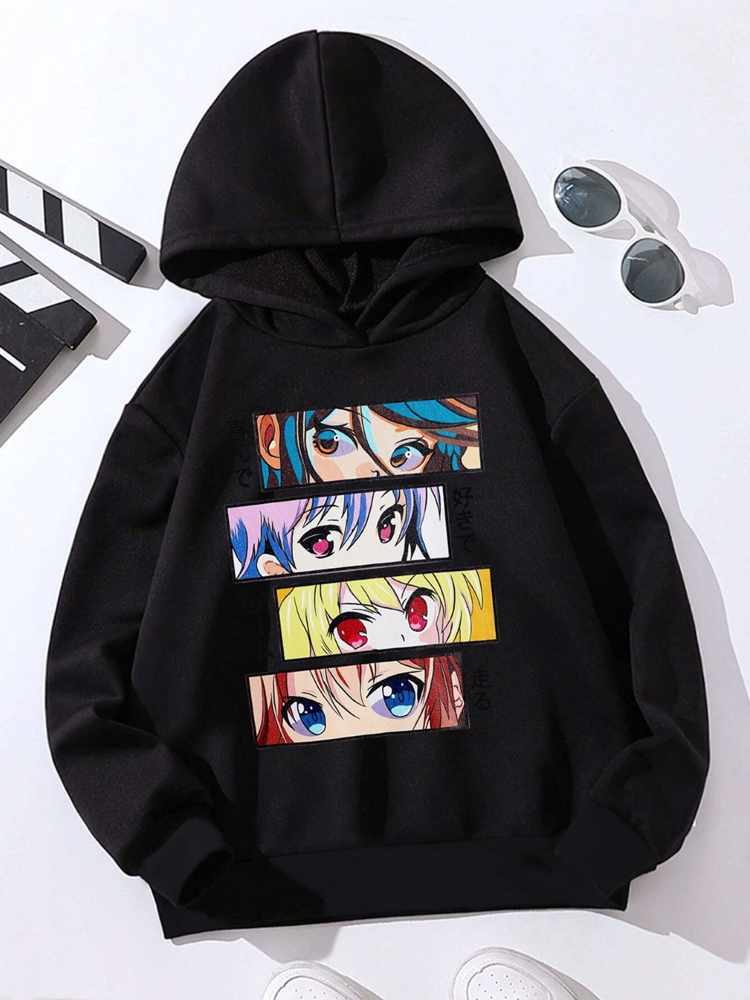 Black Graphics Printed Long Sleeves Polyester Hoodie