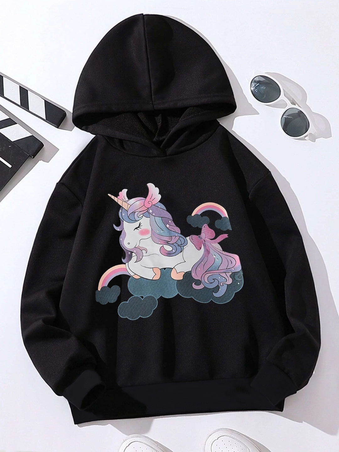 Black Graphics Printed Long Sleeves Polyester Hoodie