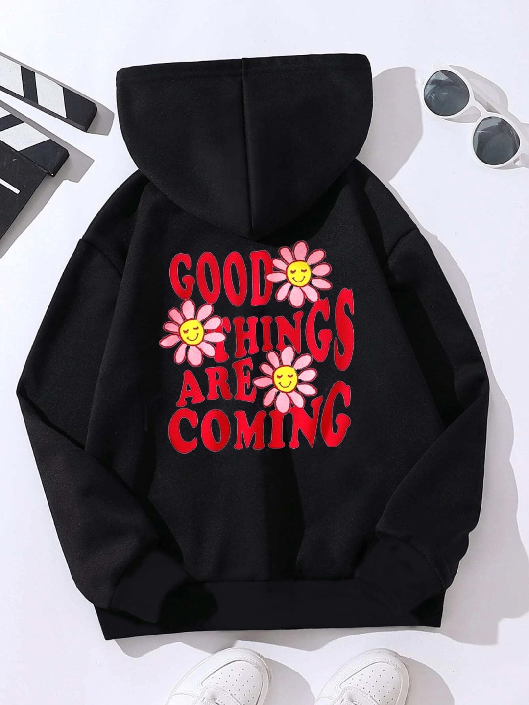 Black Graphics Printed Long Sleeves Polyester Hoodie