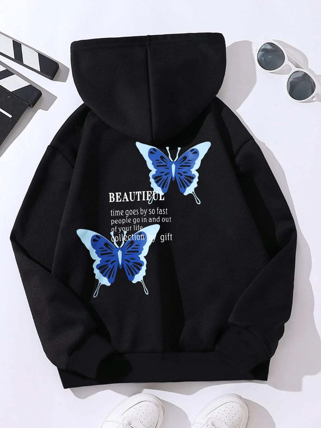 Black Graphics Printed Long Sleeves Polyester Hoodie