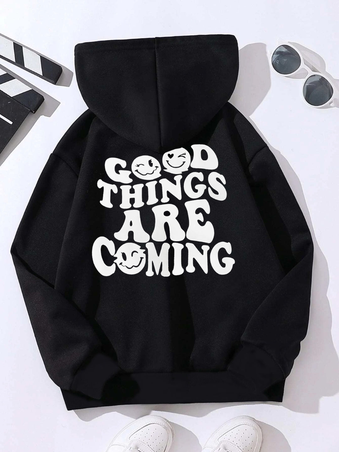 Black Graphics Printed Long Sleeves Polyester Hoodie