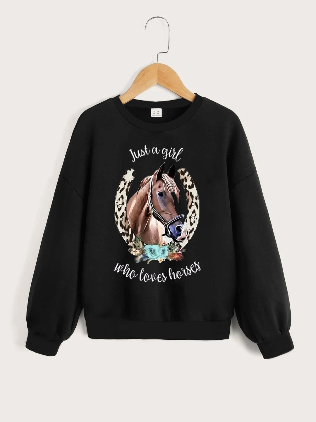 Black Round Neck Graphics Printed Long Sleeves Polyester Sweatshirt