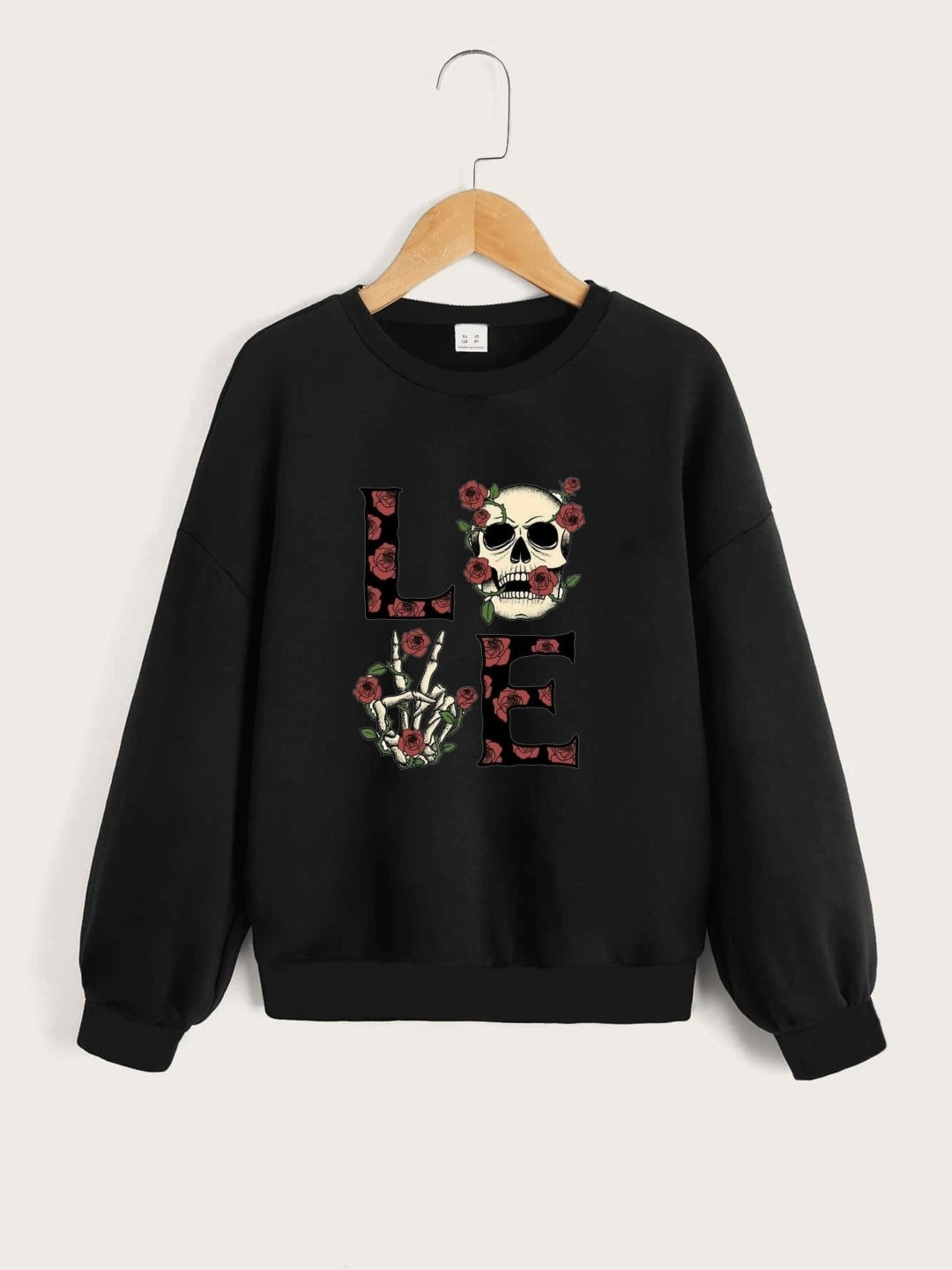 Black Round Neck Graphics Printed Long Sleeves Polyester Sweatshirt