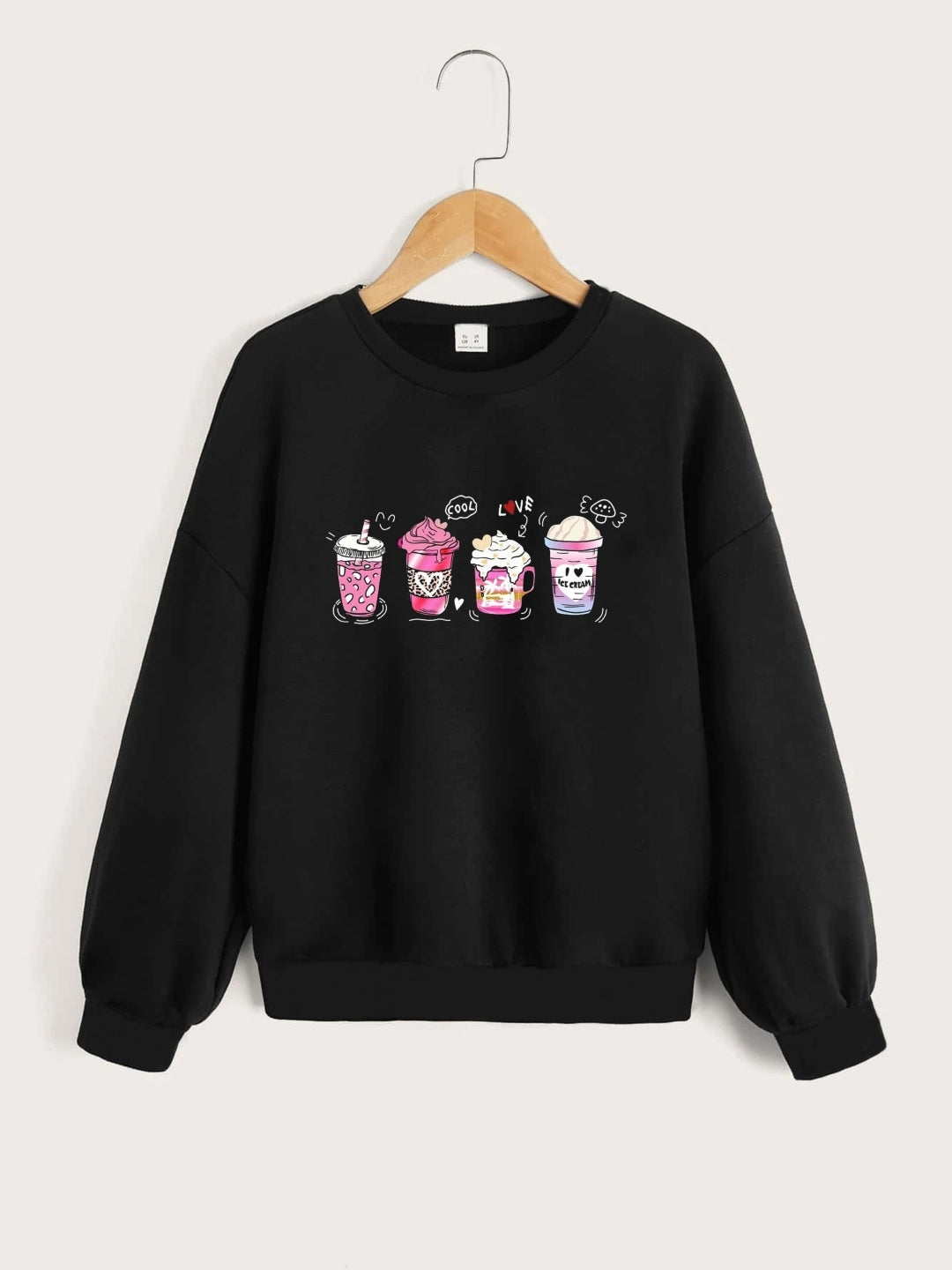 Black Round Neck Graphics Printed Long Sleeves Polyester Sweatshirt