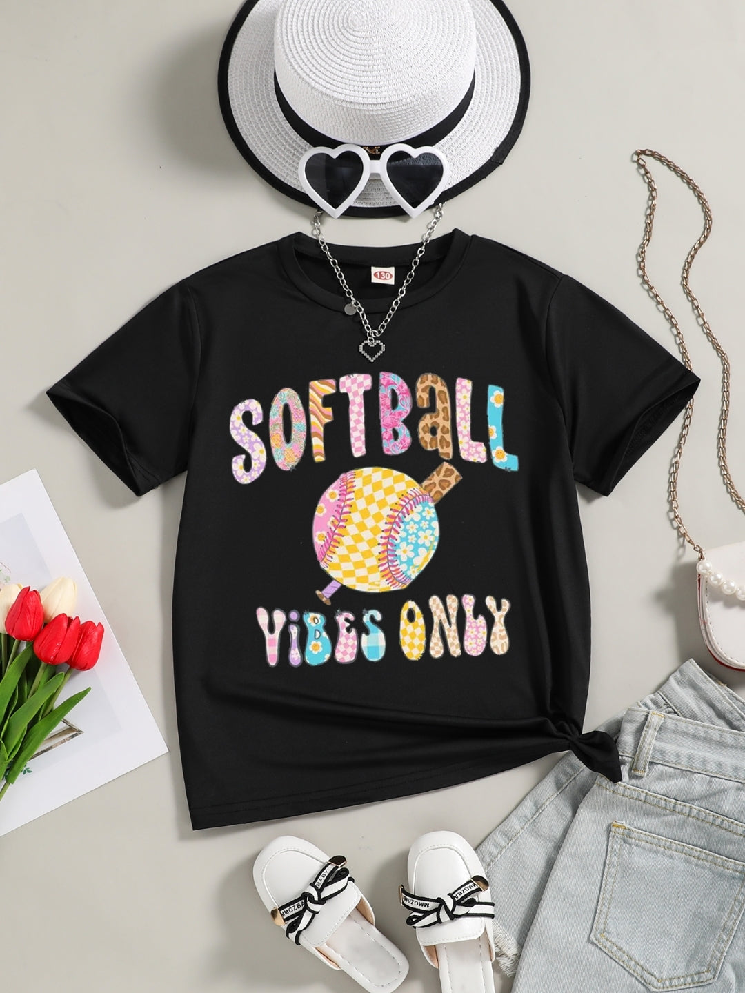 Black Round Neck Graphics Printed Short Sleeves Polyester T-Shirt