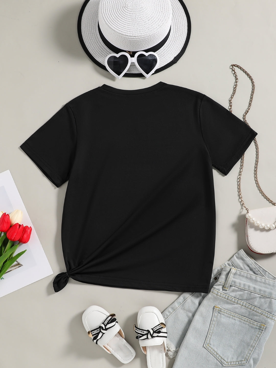 Black Round Neck Graphics Printed Short Sleeves Polyester T-Shirt