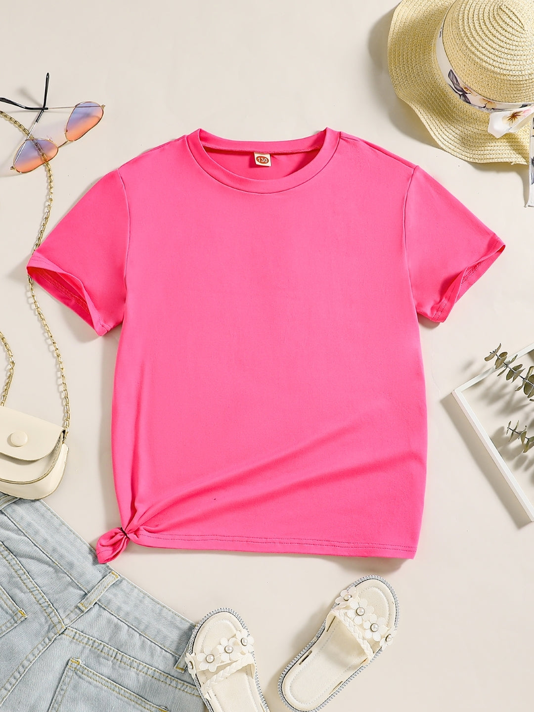 Pink Round Neck Graphics Printed Short Sleeves Polyester T-Shirt