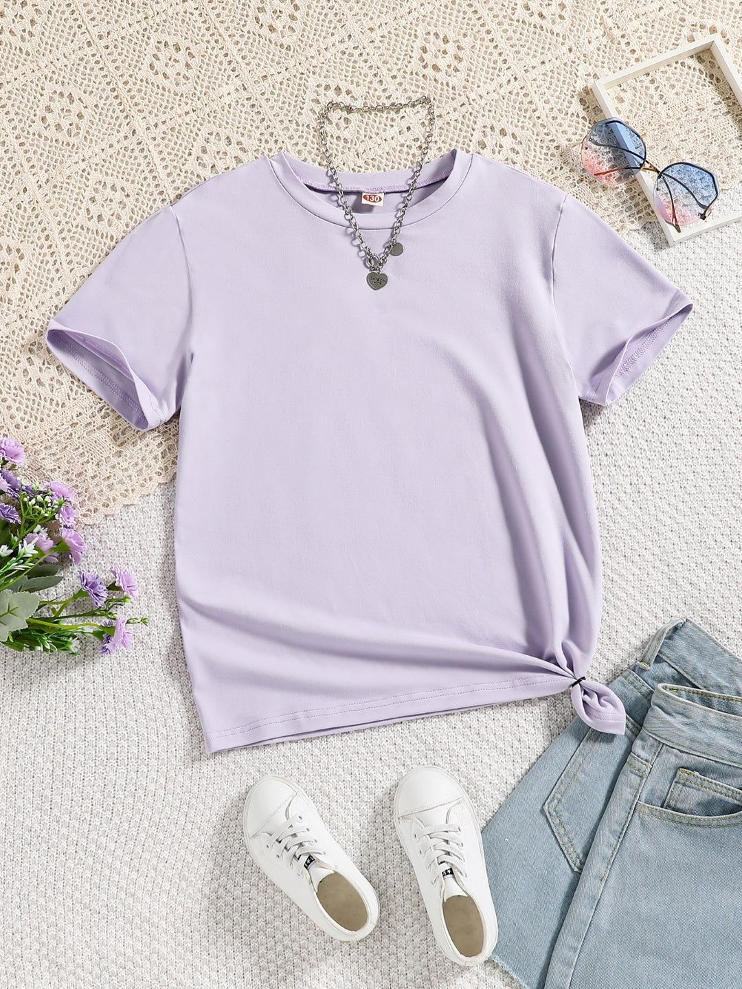 Purple Round Neck Graphics Printed Short Sleeves Polyester T-Shirt