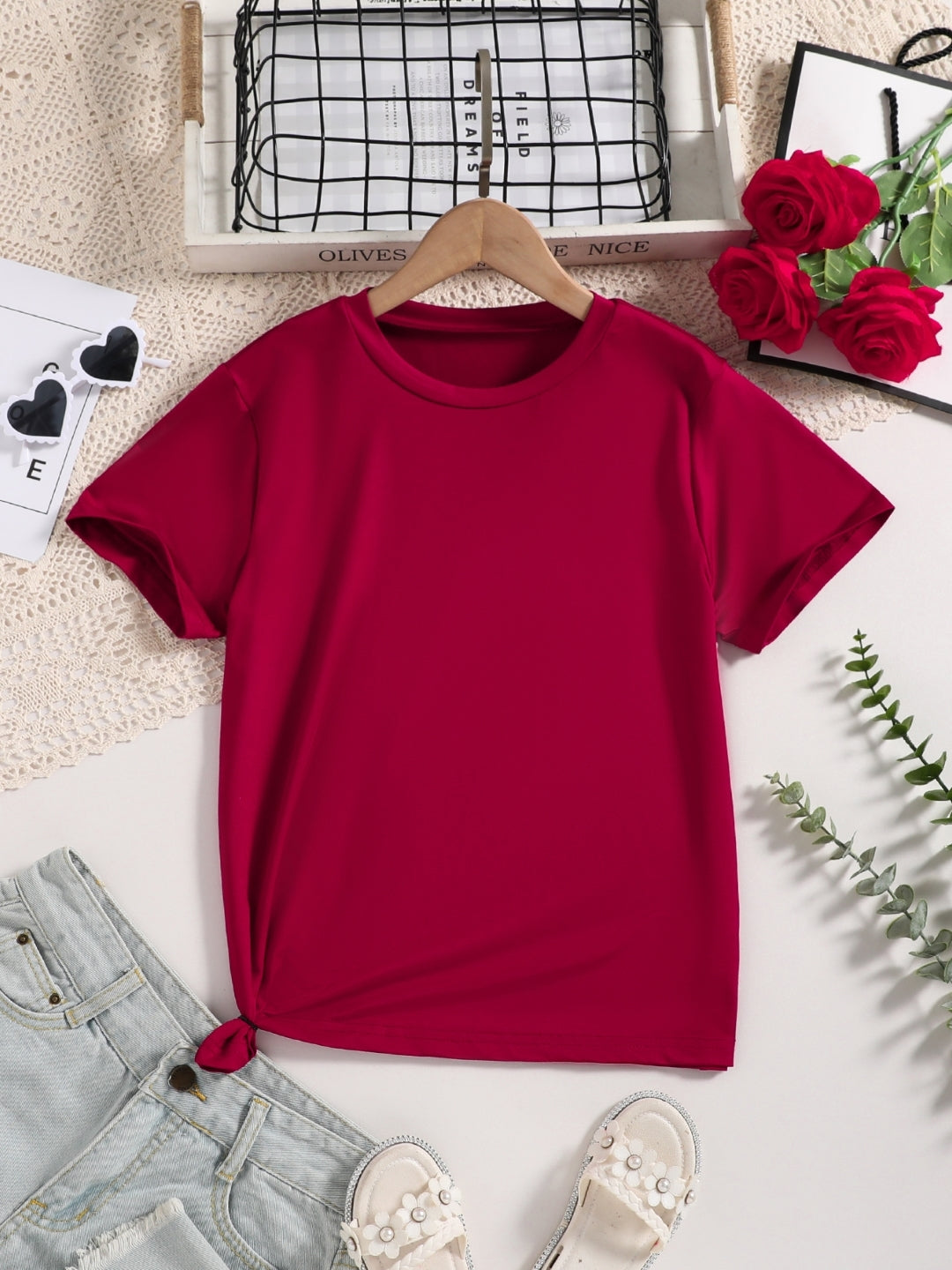 Red Round Neck Graphics Printed Short Sleeves Polyester T-Shirt