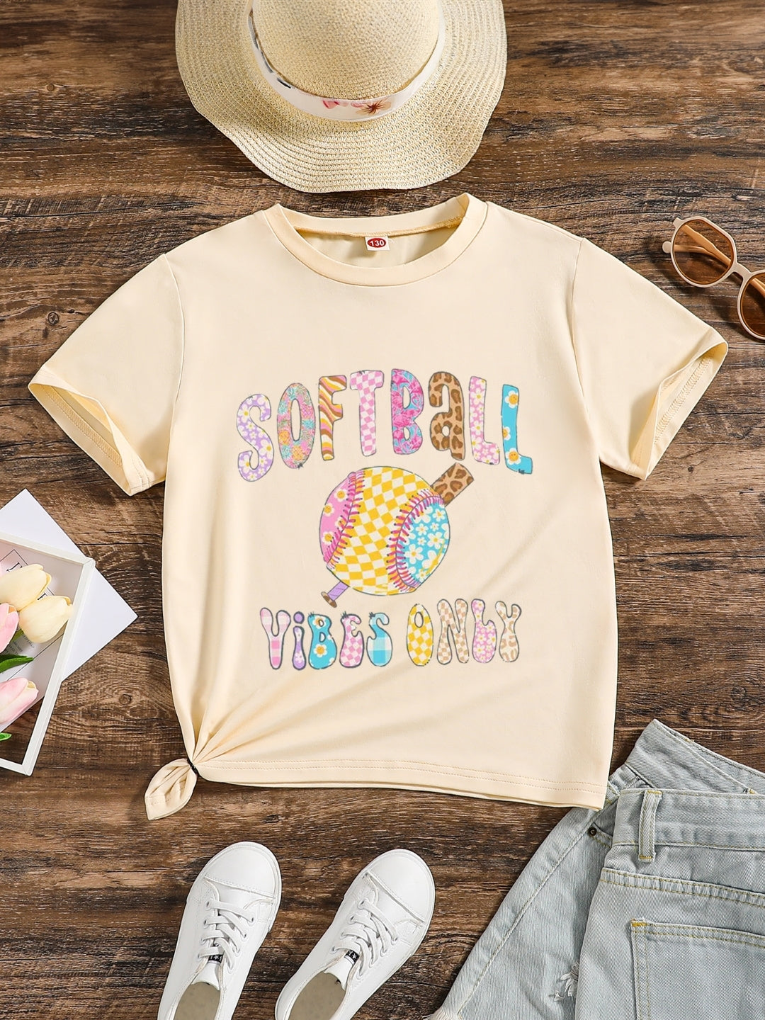 Yellow Round Neck Graphics Printed Short Sleeves Polyester T-Shirt