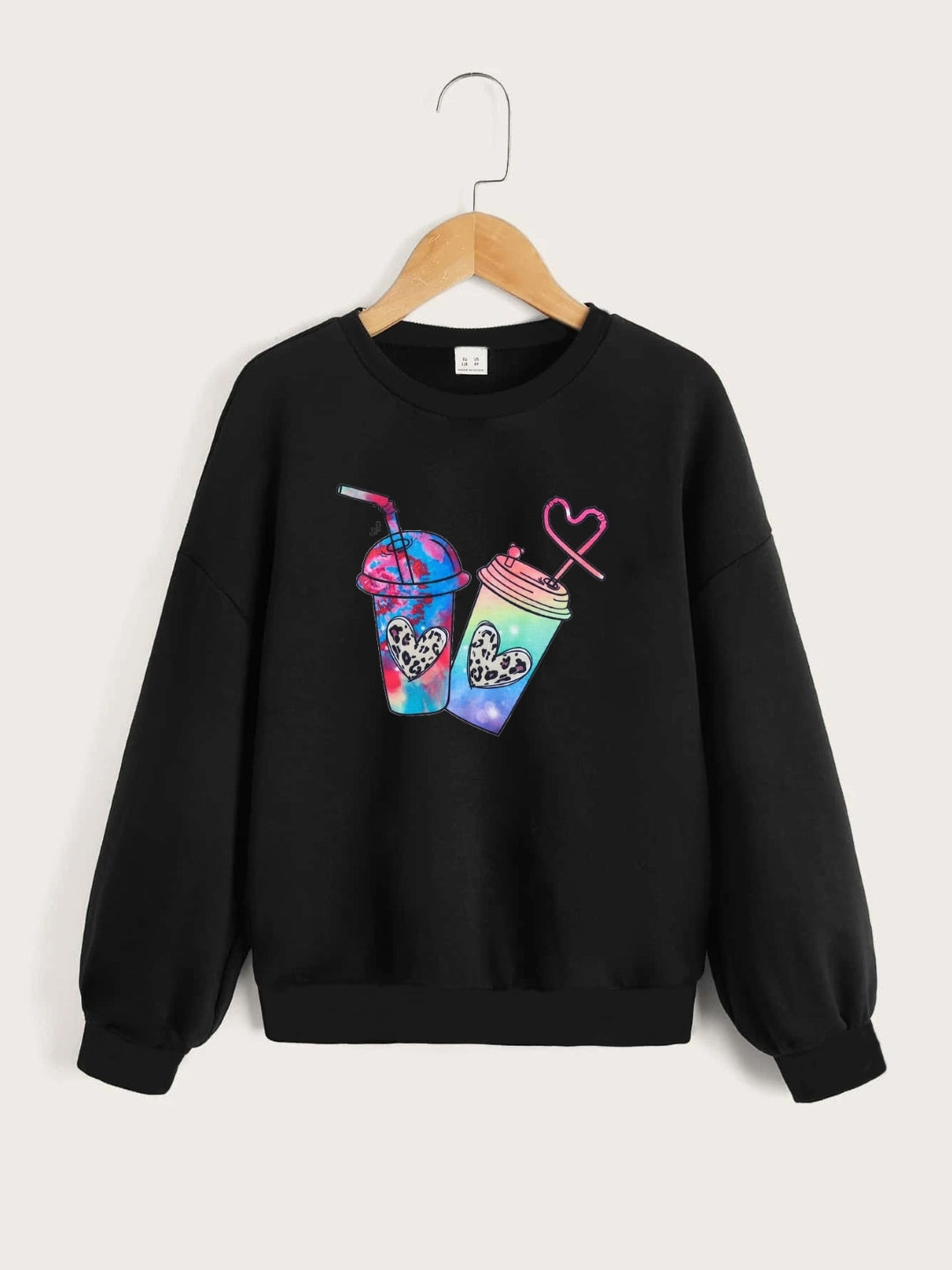 Black Round Neck Graphics Printed Long Sleeves Polyester Sweatshirt