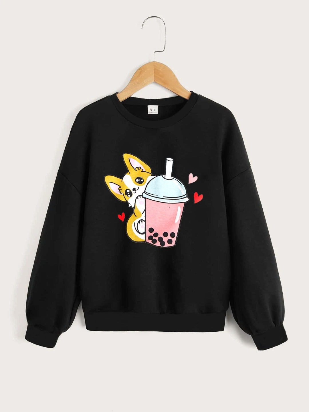 Black Round Neck Graphics Printed Long Sleeves Polyester Sweatshirt