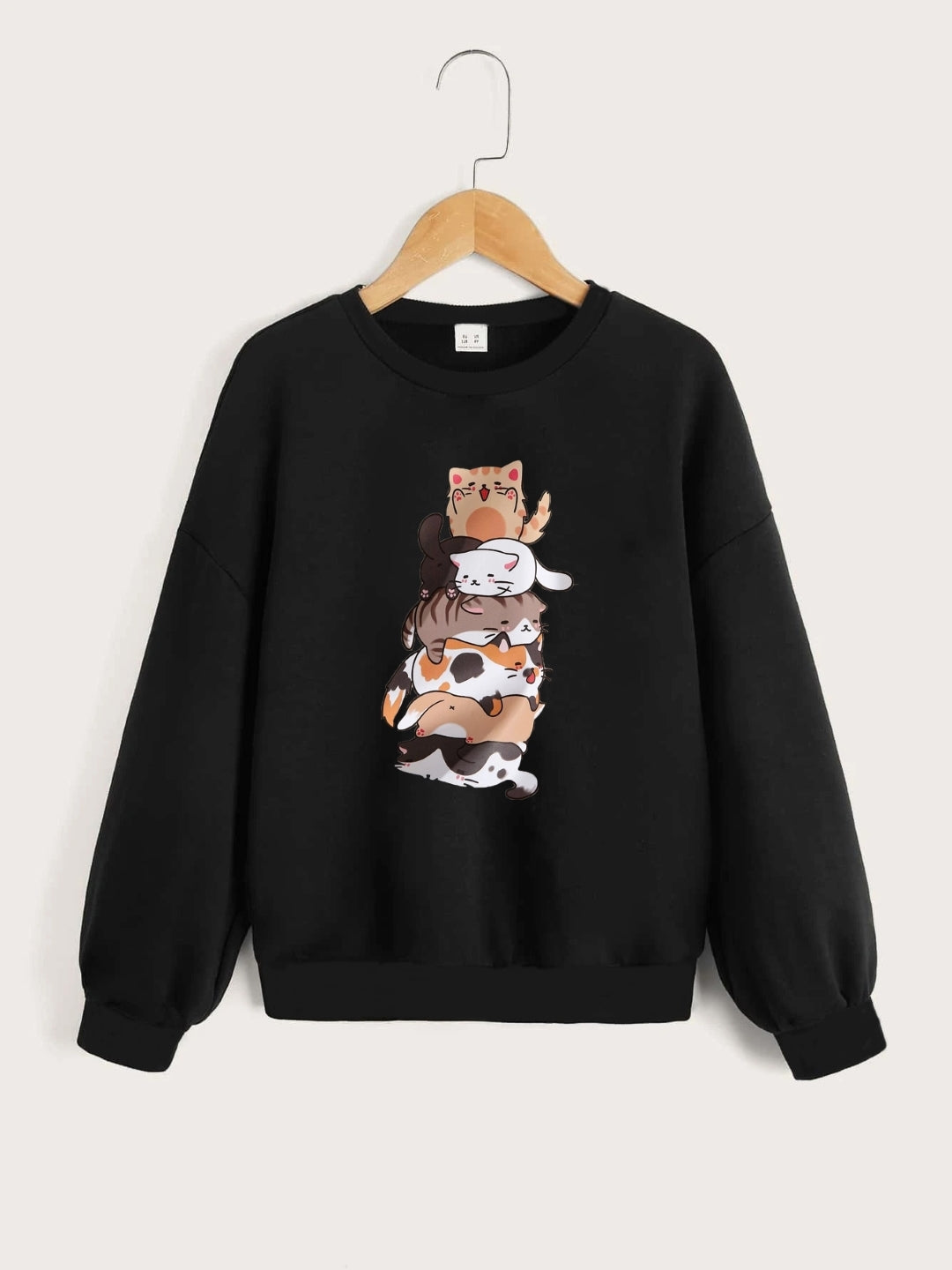 Black Round Neck Graphics Printed Long Sleeves Polyester Sweatshirt