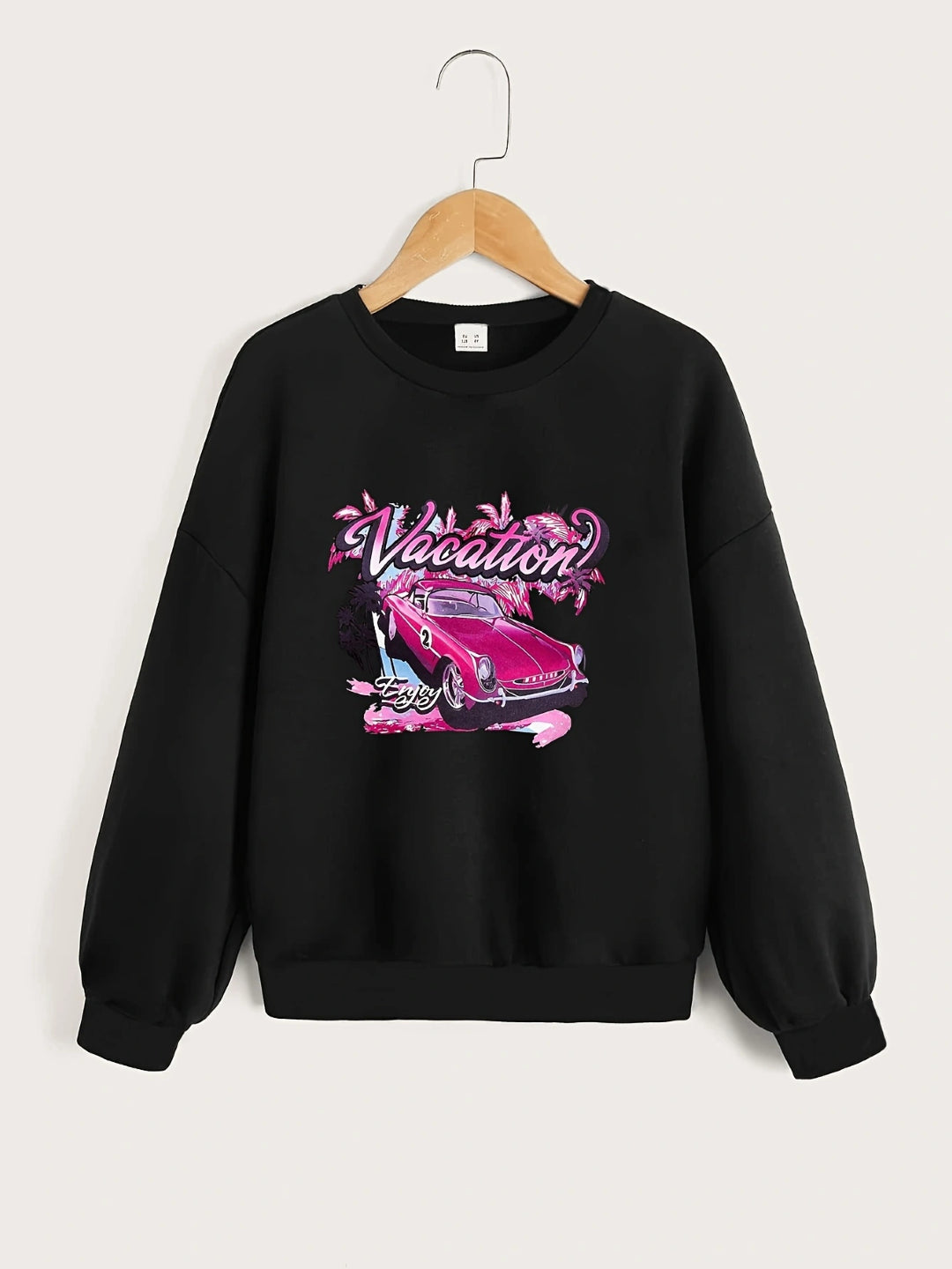 Black Round Neck Graphics Printed Long Sleeves Polyester Sweatshirt