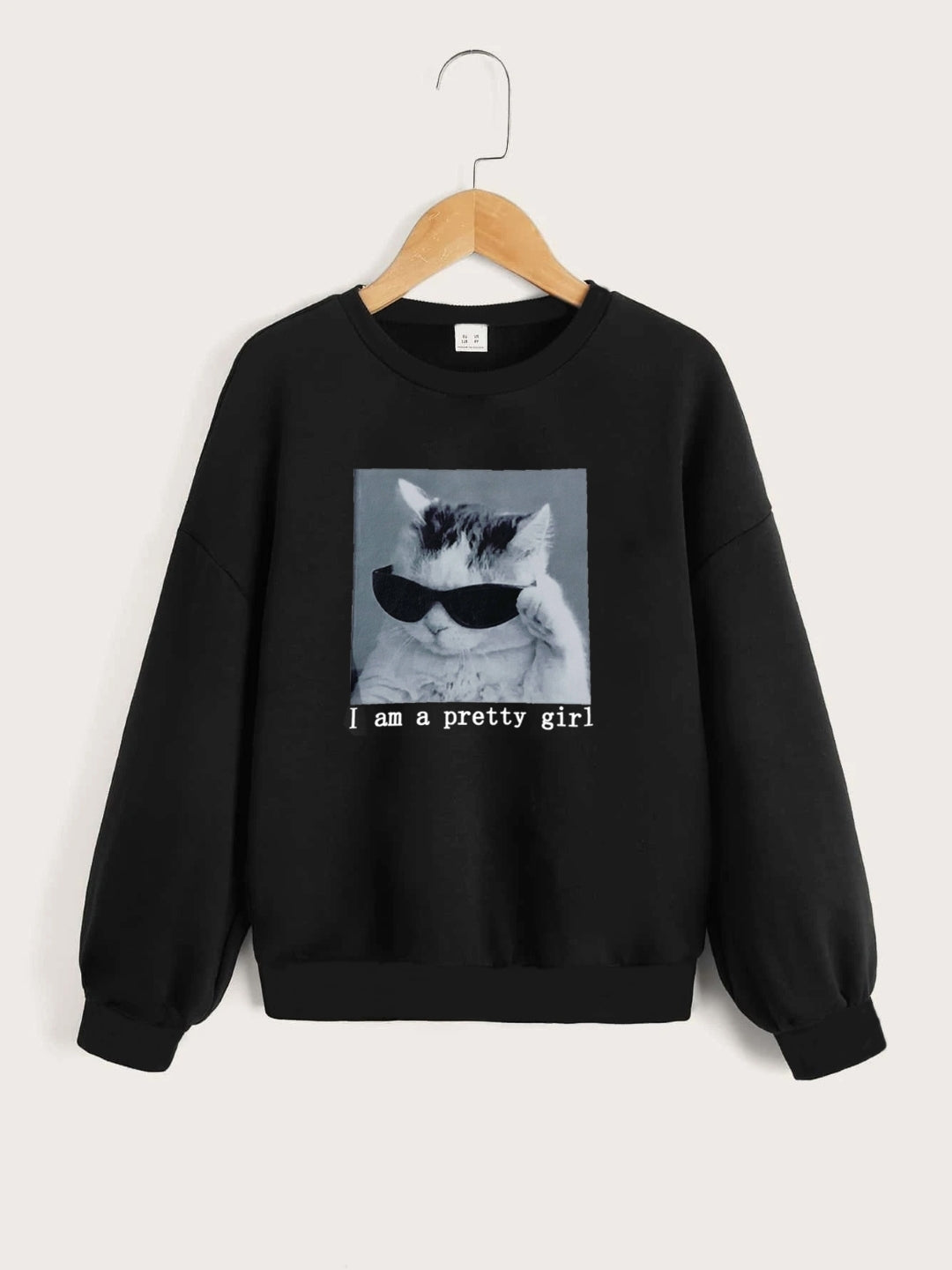 Black Round Neck Graphics Printed Long Sleeves Polyester Sweatshirt