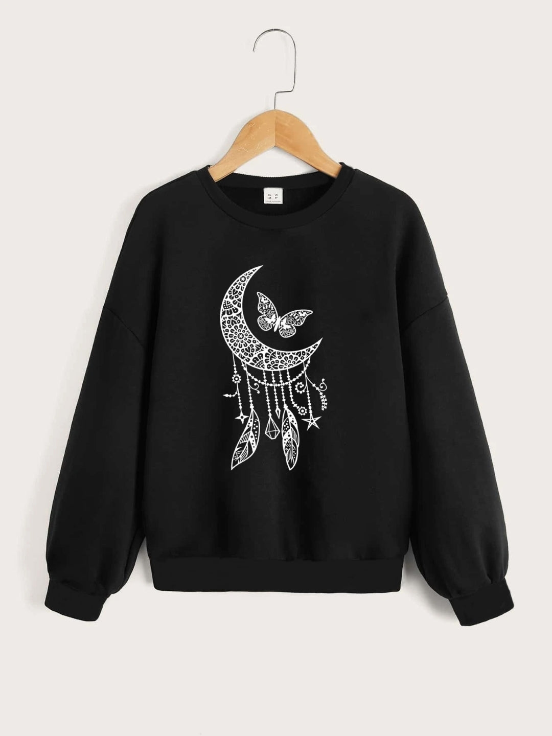 Black Round Neck Graphics Printed Long Sleeves Polyester Sweatshirt