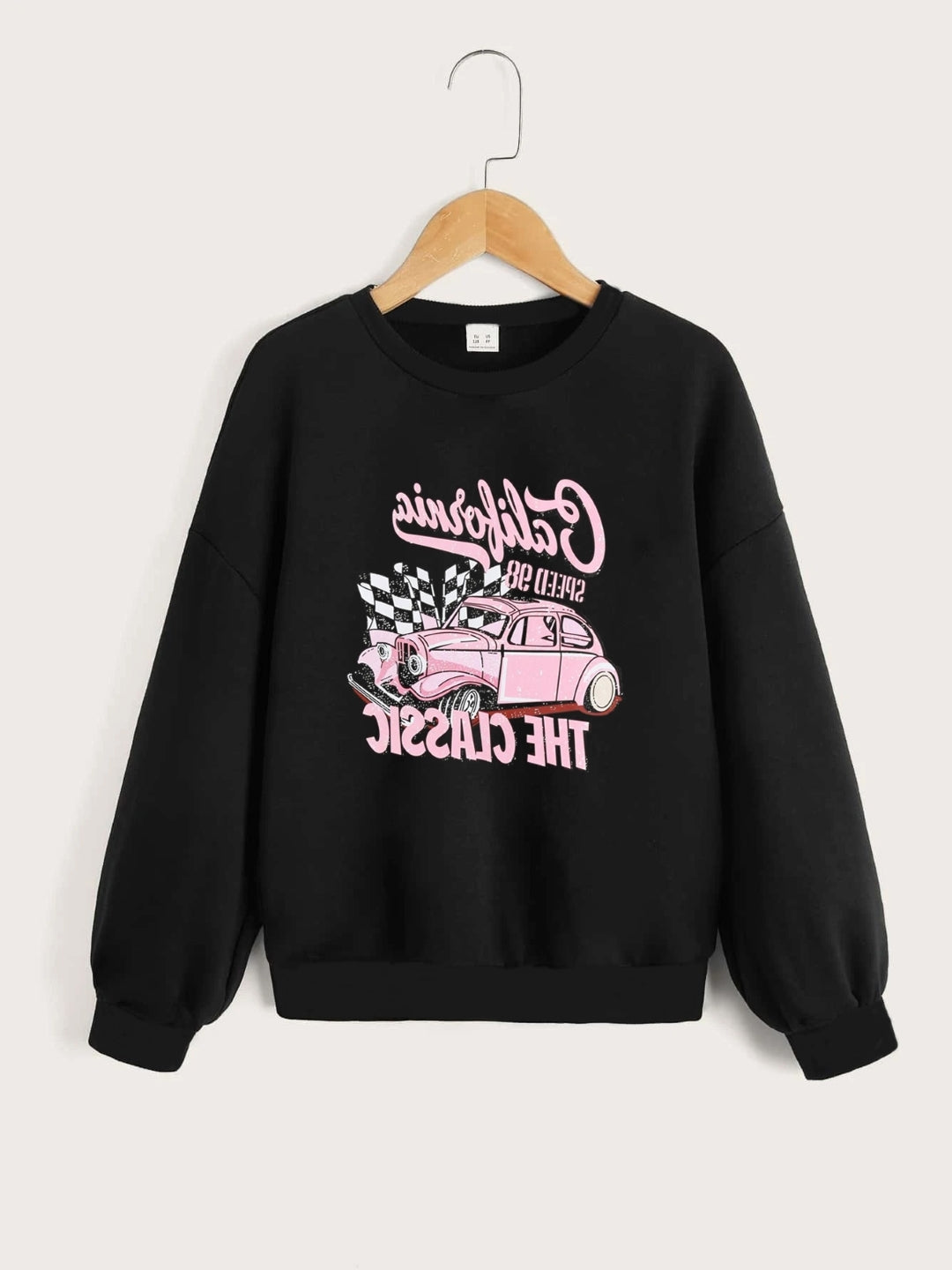 Black Round Neck Graphics Printed Long Sleeves Polyester Sweatshirt