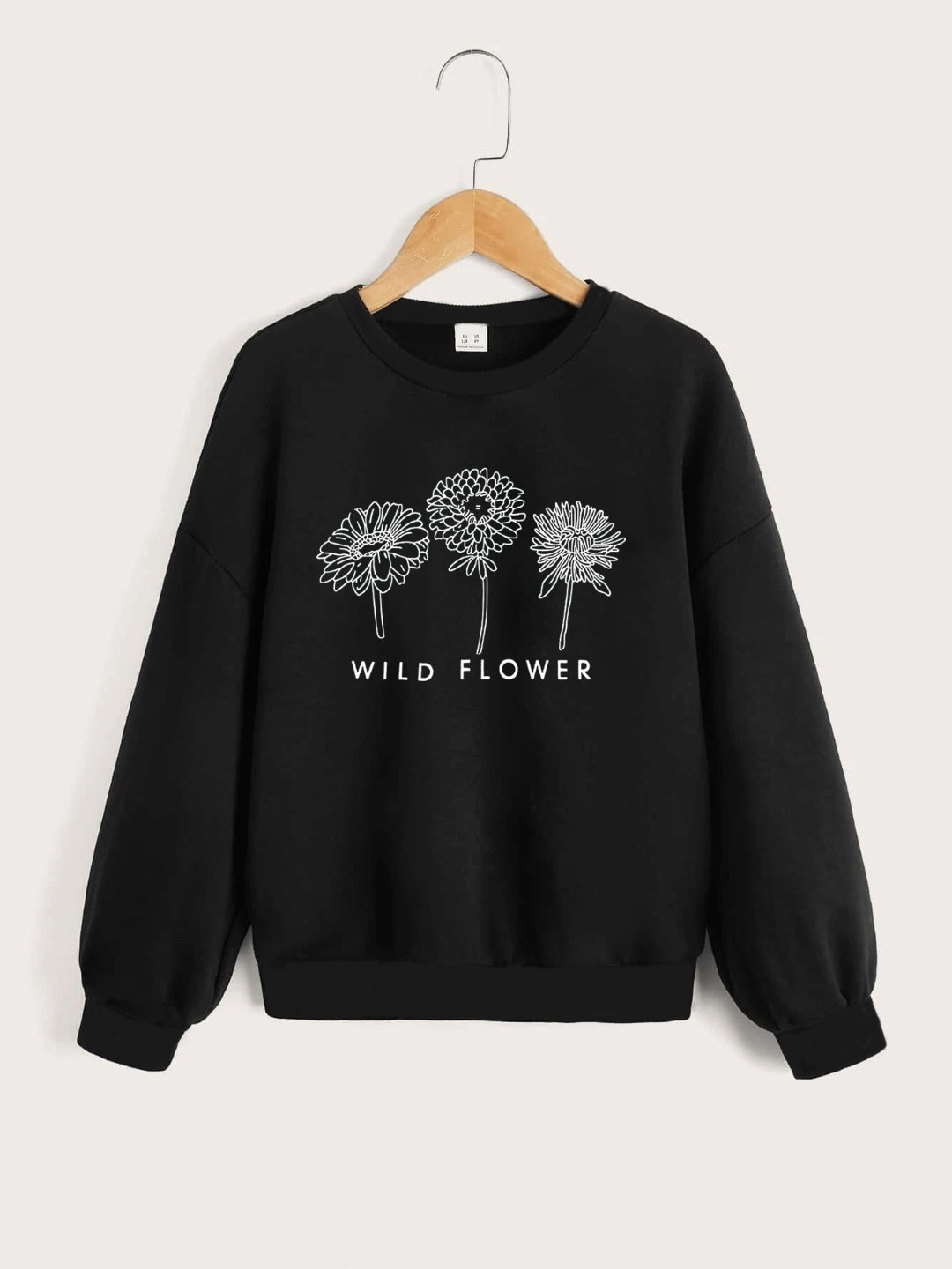 Black Round Neck Graphics Printed Long Sleeves Polyester Sweatshirt