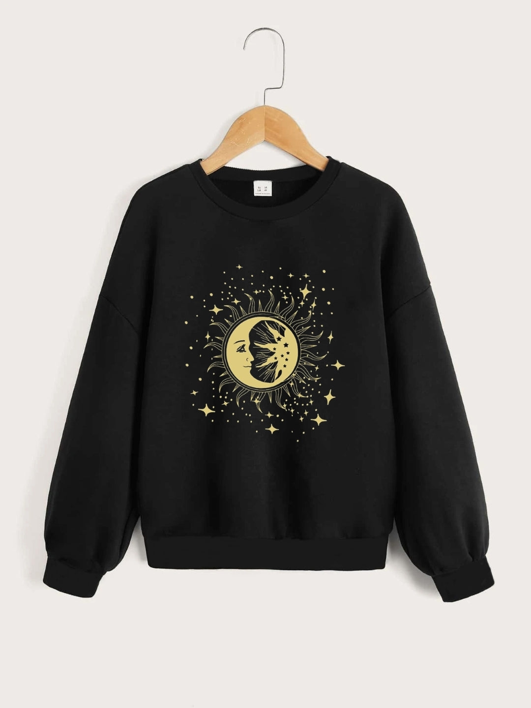 Black Round Neck Graphics Printed Long Sleeves Polyester Sweatshirt