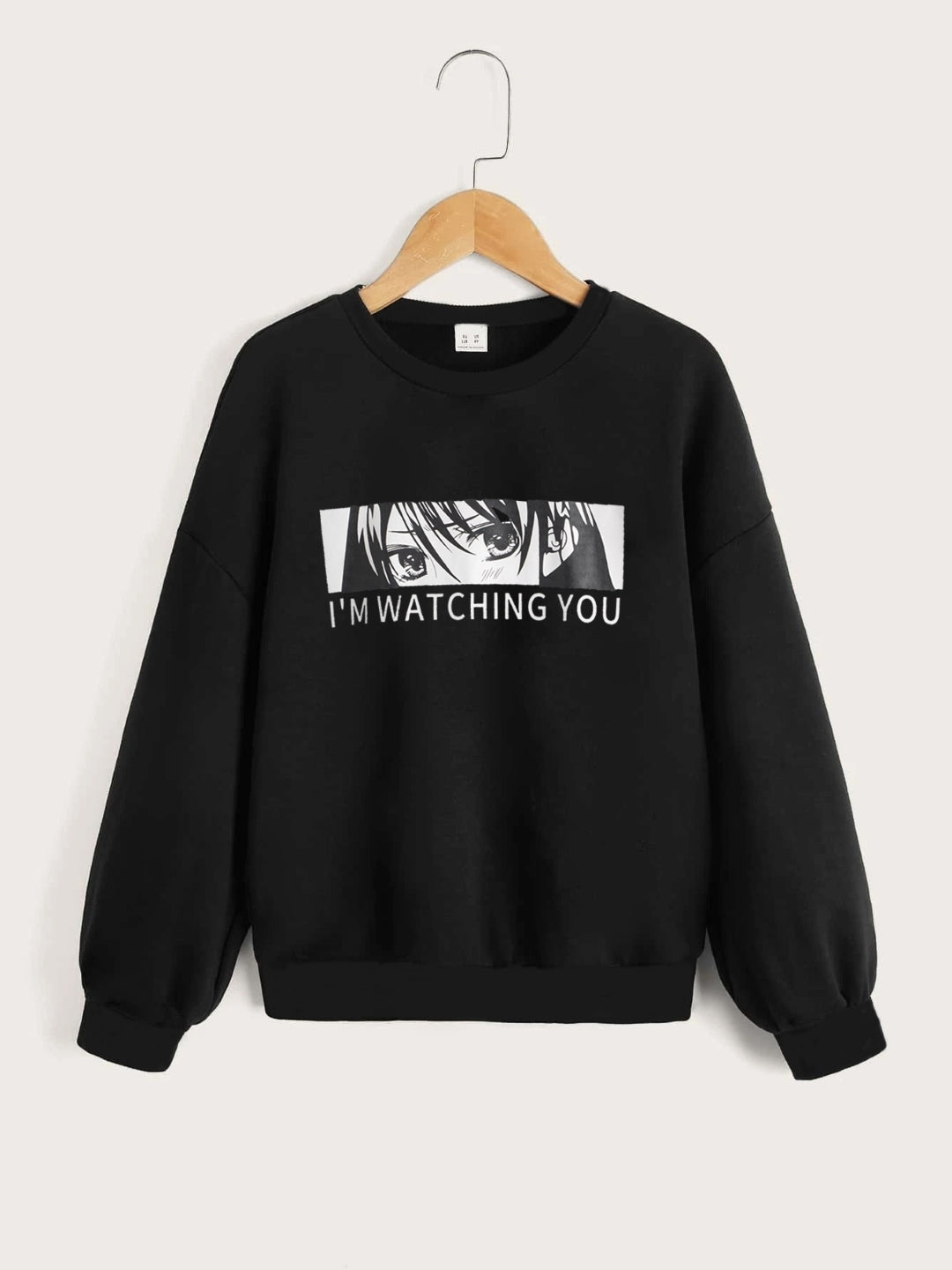 Black Round Neck Graphics Printed Long Sleeves Polyester Sweatshirt