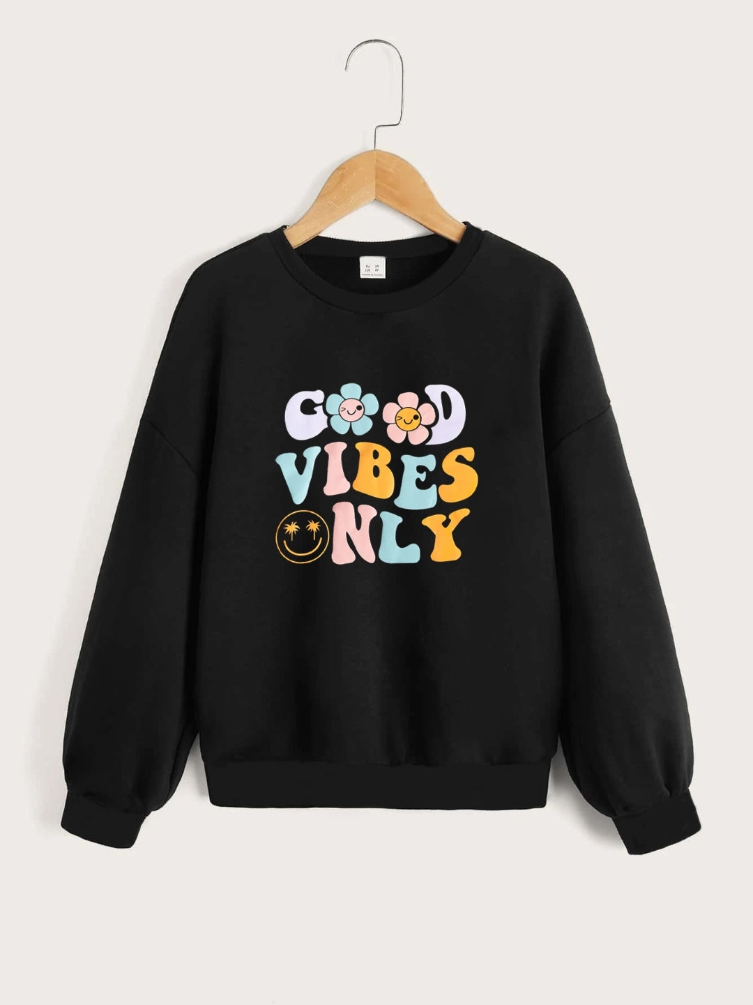 Black Round Neck Graphics Printed Long Sleeves Polyester Sweatshirt