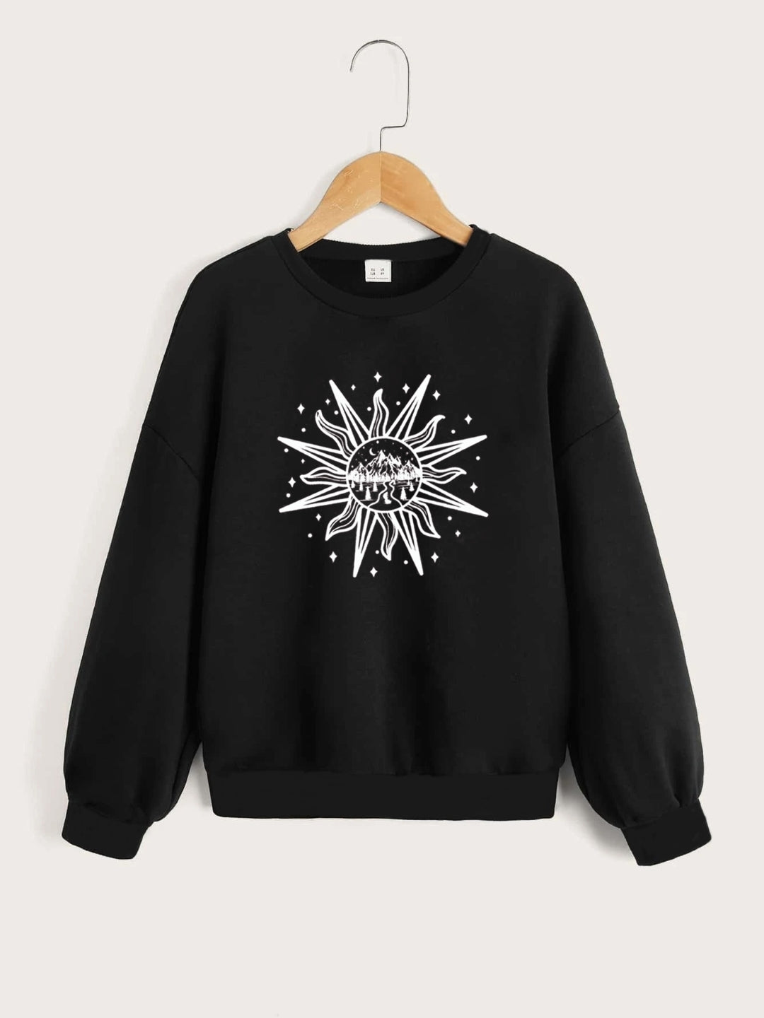 Black Round Neck Graphics Printed Long Sleeves Polyester Sweatshirt